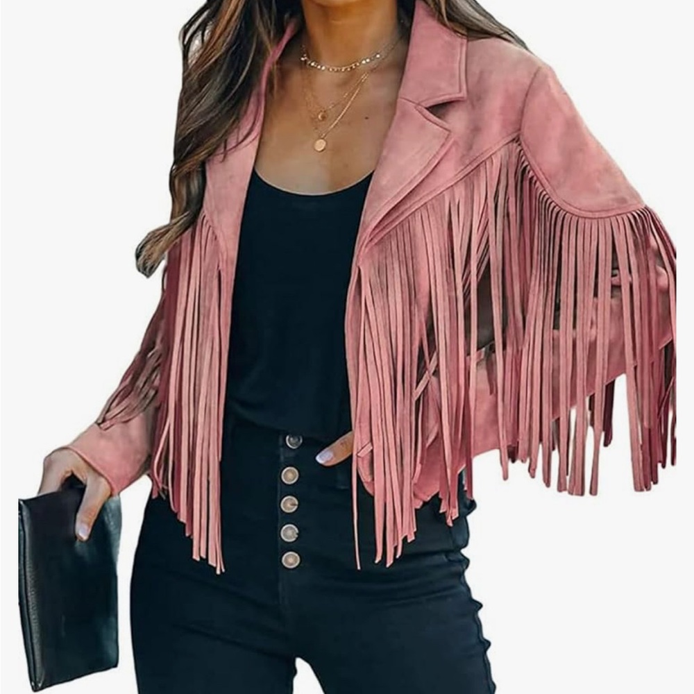 Faux Fringe Pink Moto jacket